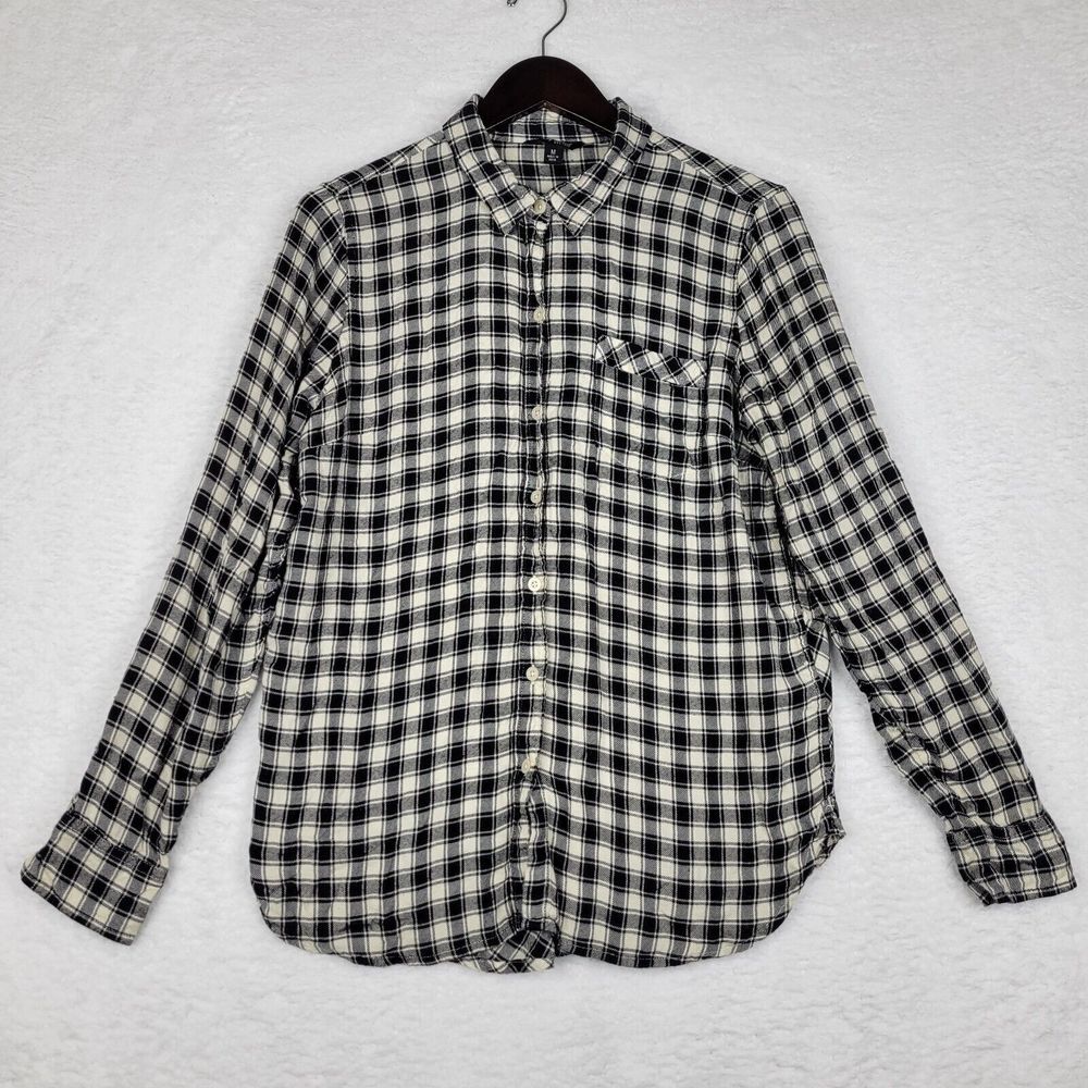 Lucky Brand Shirt Womens Medium M Black White Long Sleeve Button Up Relaxed